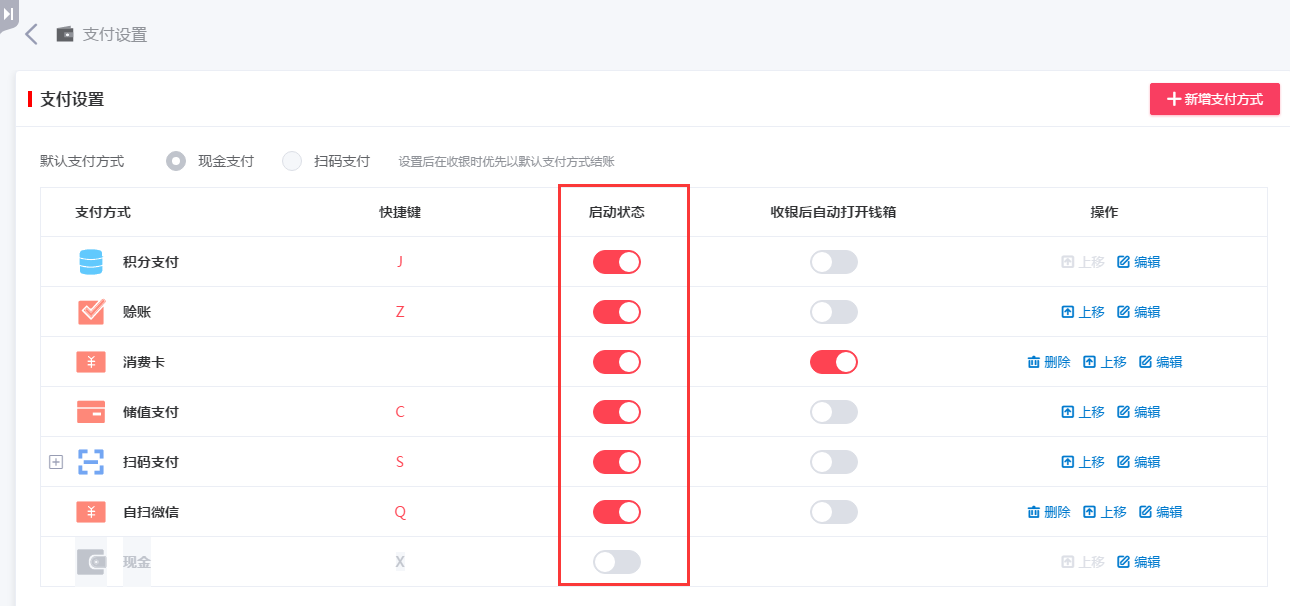 千帆掌柜收银系统开启和关闭支付方式